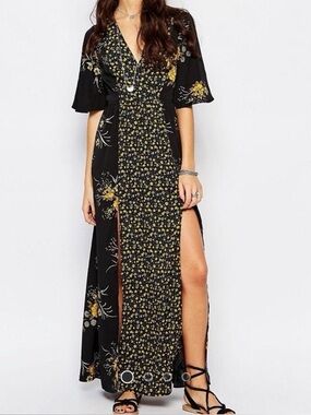 Band of Gypsies Black Maxi Dress with Mustard Floral Print